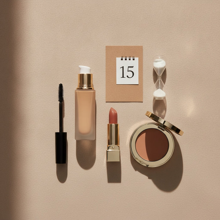 Makeup flat lay with mascara, foundation, lipstick, powder, a calendar page and an hourglass — makeup shelf life